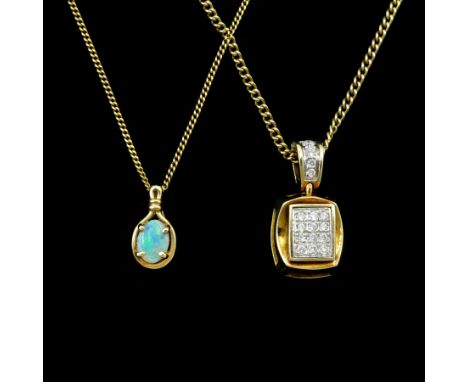 9ct gold diamond pendant necklace and a 10ct gold opal pendant, on 18ct gold chain necklaceCondition Report:18ct approx 2.55g