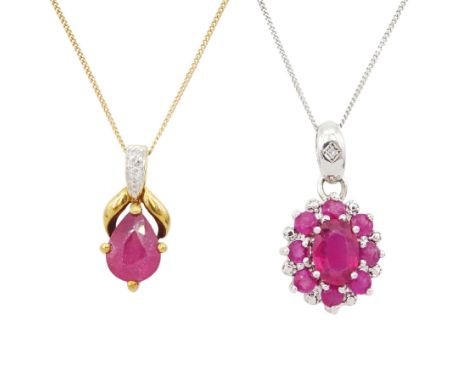 9ct white gold ruby cluster pendant, with diamond set bail, on 18ct white gold chain necklace and a 9ct yellow gold pink sapp