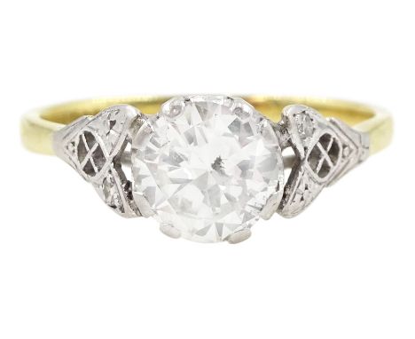 18ct gold single stone transitional cut diamond ring, with diamond set, pierced shoulders, Birmingham 2010, diamond approx 0.