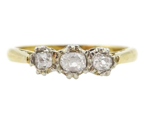 18ct gold three stone old cut diamond ring, Birmingham 1968, total diamond weight approx 0.20 caratCondition Report:Approx 2.