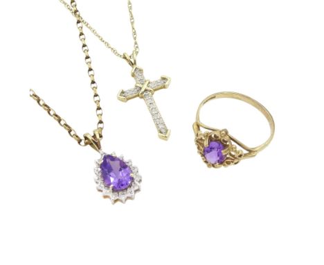 9ct gold jewellery including amethyst ring, amethyst and diamond pendant necklace and a diamond cross pendant necklaceConditi