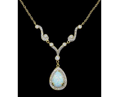 Silver-gilt opal and cubic zirconia pendant necklace, stamped 925Condition Report:Chain length = 45cm, very good condition