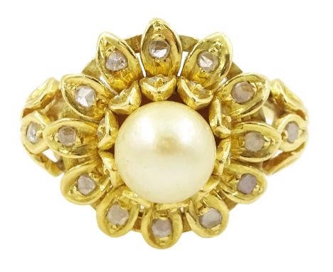 Portuguese 19ct gold single stone cultured pearl and rose cut diamond flower head cluster ring, hallmarkedCondition Report:Ap