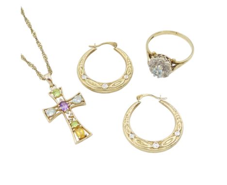 9ct gold aquamarine and diamond cluster ring, silver-gilt multi gemstone cross pendant, on 9ct gold necklace and a pair of 9c