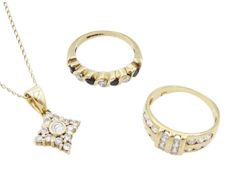 9ct gold diamond and sapphire half eternity ring, 9ct gold cubic zirconia pendant necklace and a 14ct gold cubic zirconia rin