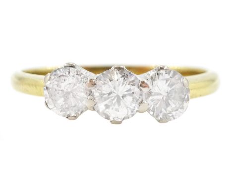 18ct gold three stone round brilliant cut diamond ring, total diamond weight approx 0.70 caratCondition Report:Approx 2.75gm,