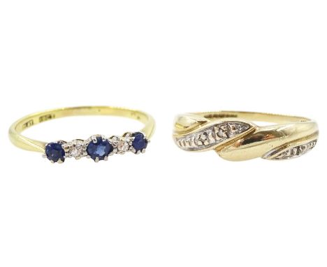 Early 20th century gold five stone sapphire and diamond ring, stamped 18ct Plat and a later 9ct gold diamond ring, hallmarked