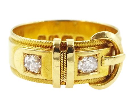 Victorian 18ct gold two stone old cut diamond buckle ring, Birmingham 1881, total diamond weight approx 0.20 caratCondition R