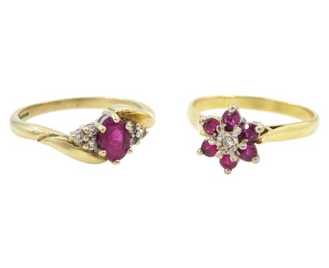 18ct gold ruby and diamond cluster ring and a 9ct gold oval cut ruby and six stone round brilliant cut diamond ring, Conditio