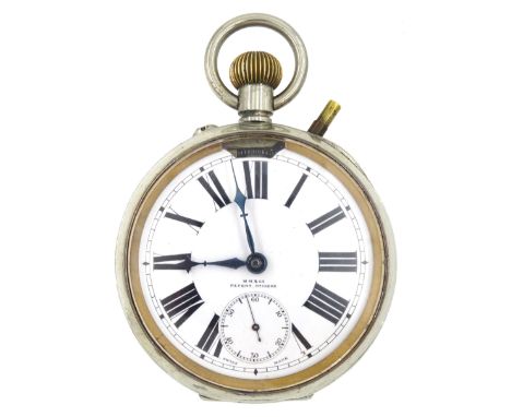 Early 20th century goliath keyless Swiss lever pocket watch by M M & Co, patent No. 10292, with light attachment, white ename