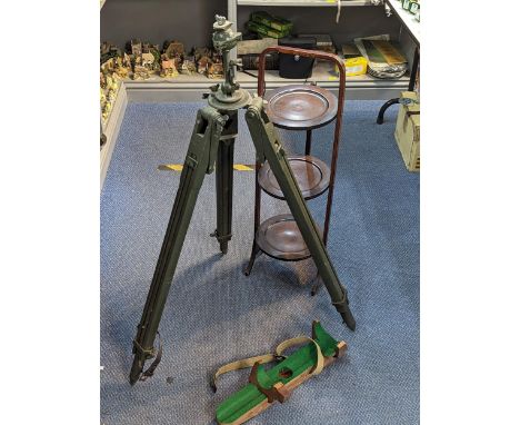 A WWI period Turner & Evans Ltd MKIII New Zealand stand instrument tripod, dated 1943, together with a mahogany folding cake 