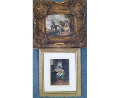 An elaborately framed print of a country gent greeting a shepherd with a sheep and dog together with a framed picture of a se