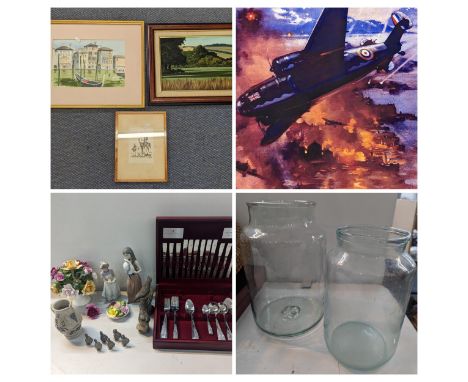 A mixed lot to include Lladro figures, Poole Pottery models of birds, Denton and Aynsley A/F, a part canteen of cutlery, larg