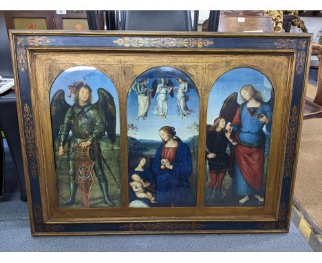 A Pietro Penigino print of three panels depicting The Archangel Michael, The Virgin and Child, Tobias and The Archangel Rapha