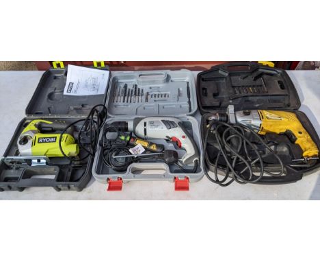 A McKeller MCKT15 drill, together with a Performance Hammer Drill with laser and a Ryobi Pendulum Fast Cut jigsaw Location: 