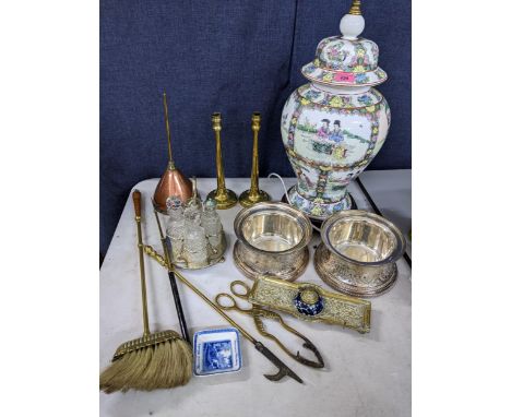 A mixed lot to include a Chinese baluster table lamp, fireside implements, cruet set and other itemsLocation: 