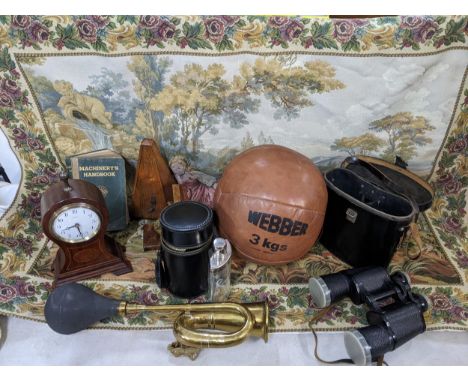 A mixed lot to include a tapestry wall hanging, cased USSR binoculars, vintage horn, travel hip flask set, vintage Webber med