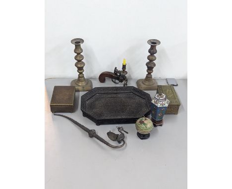 A mixed lot to include a carved South Asian tray, opium pipe, brass boxed to include one with embossed classical decoration, 