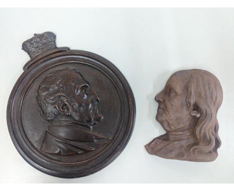 A Henry Brown style cast metal portrait of Benjamin Franklin A/F, signed to base 'Sculplor 1852', together with a cast plaque