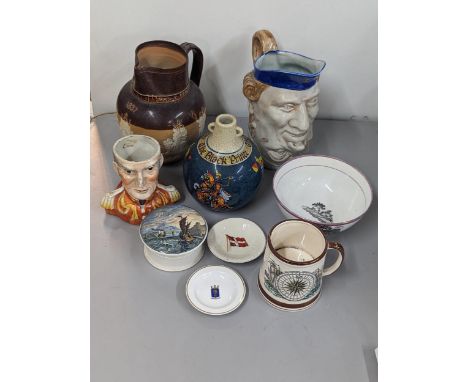 A mixed lot of 19th century and later ceramics to include a Doulton Lambeth 1887 Jubilee jug, character jugs, Prattware and o