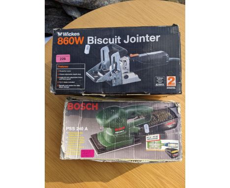 A boxed Wickes Biscuit Jointer, together with a Bosch Orbital Sander Location: 