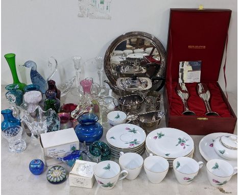 A mixed lot to include boxed Royal Selangor pewter glasses, mixed silver plate, KPM part tea service and mixed glassware to i