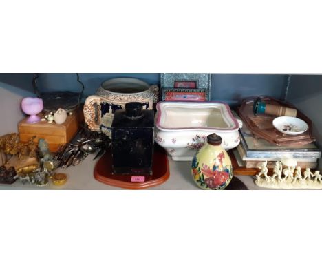 Mixed items to include a German glazed pottery planter, mixed prints, a black tin tea caddy and other itemsLocation: 4:4 