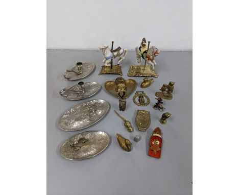 A mixed lot of metalware to include brass owl related items and others, silver plated candlestick holders together with the A