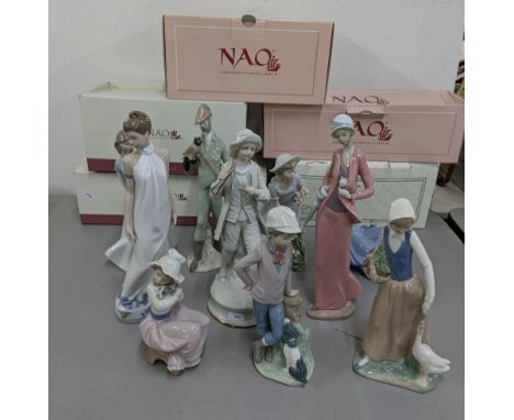 Four boxed Nao Lladro figurines, together with a boxed Nadal figurine, a Lladro Nao Daisa 1987 Girl listening to the birds fi