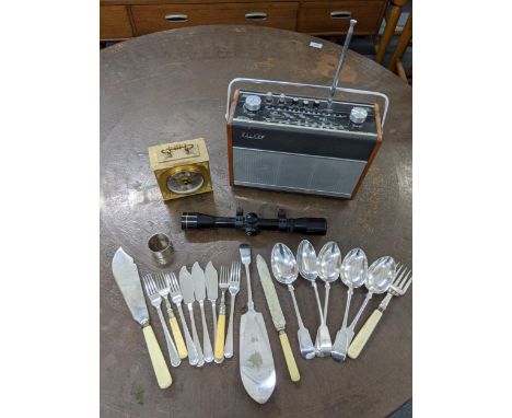 A mixed lot to include a Nikko Stirling gun sight 4x32, a silver plated and enamelled napkin ring, cutlery and flatware, toge