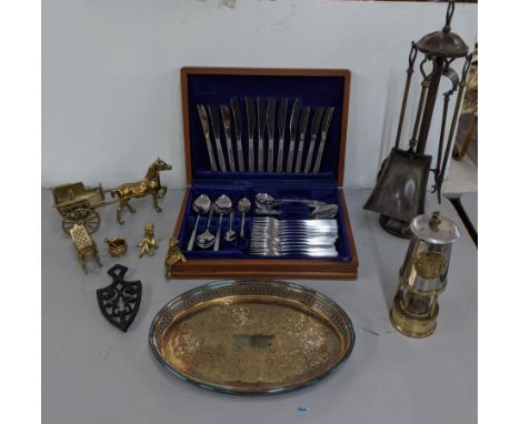 A mixed lot of metalware to include a fine side set, a brass horse and cart, canteen of cutlery, a The Protector Lamp and Lig