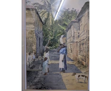 H D Scott - Old Speightown - figures taking on a township street with buildings either side, and a dog looking on, trees and 