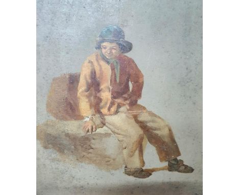 Unsigned mid 19thC oil on artists board sketch depicting a young boy seated on a large stone, unframed 