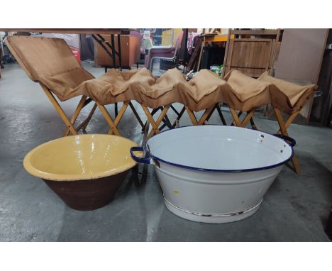 Antique folding camping bed, an enamalled metal tub and a large ceramic bowl (3) 