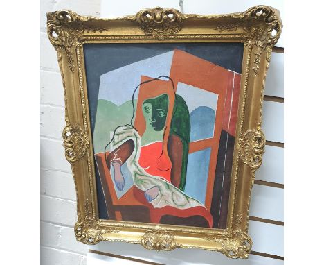 Unsigned, modern cubist school oil on canvas portrait of a young lady in the manner of Picasso, in fine gilt coloured frame,T
