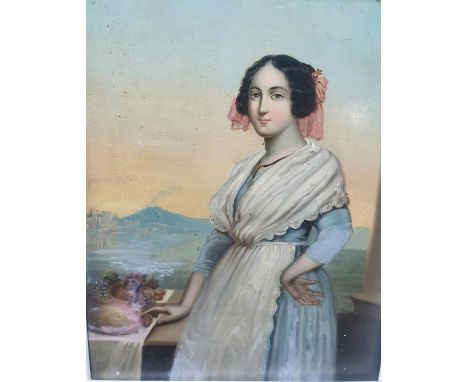 Unsigned Grand Tour 19thC oil on metal "Portrait of an Italian  serving girl with Vesuvius in the far distance", in white pai