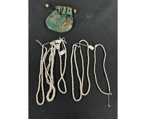 Six Pearl necklaces some with silver clasps (6) 