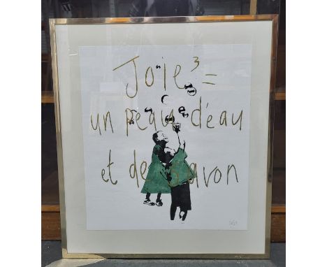 Banksy style modern print depicting children reaching for rain drops initialed S W and dated 2023, framed and glazed 