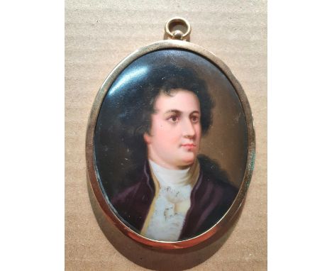 Fine quality, 19thC miniature oval oil on plaster portrait of a young gentleman in its associated unmarked metal hanging fram