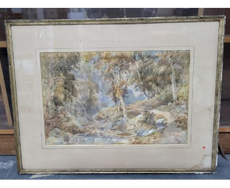 R Nottingham 1867 watercolour "Tree lined stream near Whitby", framed and glazed 