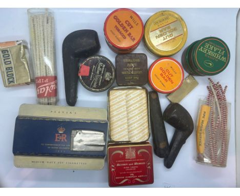 Quantity of smoking paraphernalia, pipe, tins and lighters etc, all empty tins. Not available for in-house P&amp;P 