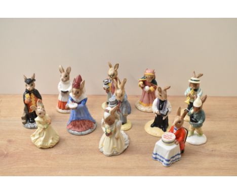 A collection of twelve Royal Doulton bone china Bunnykins series figures including characters 'Town Crier Bunnykins'  DB 259 