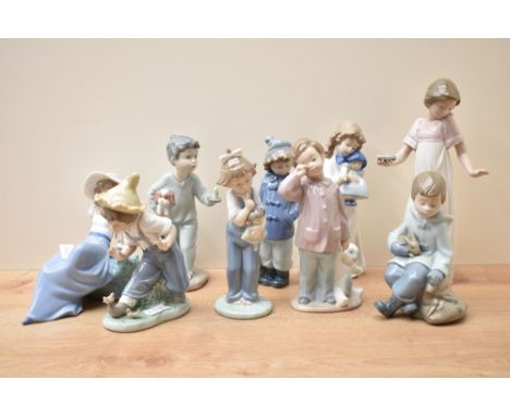 A group of nine Nao by Lladro porcelain figures/figurines including 'Ready for an Excursion' number 1036, 'Sleepy Head' numbe