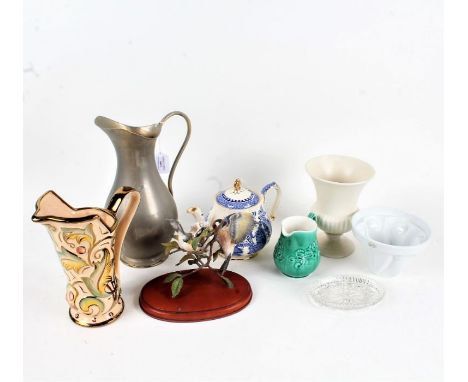 Mixed items, to include a silver plated jug, porcelain bird ornament, wooden cat, glass cruet bottles, Old Willow pattern tea