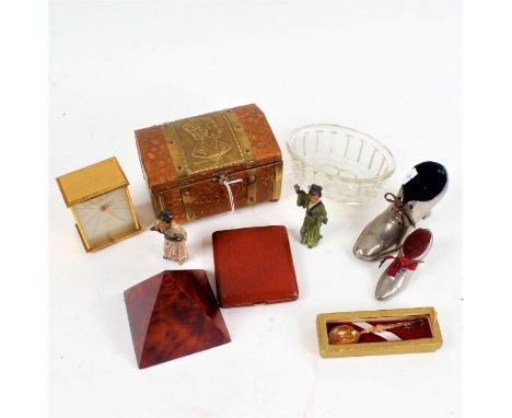 Works of art to include Queen Elizabeth II coronation box and cover, two shoe form pin cushions, jelly mould, small mantel cl