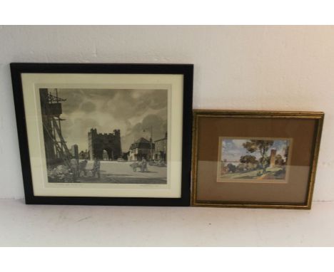 Leonard Russell Squirrell en grisaille print, the south gate Kings Lynn, coloured print, Freston Tower (2)