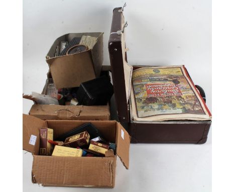 Three boxes and a suitcase of various to include cribbage board, ink bottles, Avery weights, R.H.S. colour chart, onyx egg, p