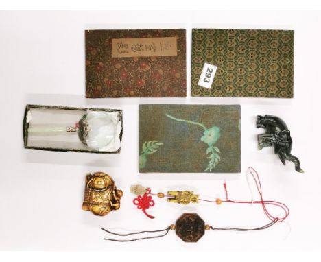 A Chinese jade handled magnifying glass and other items.