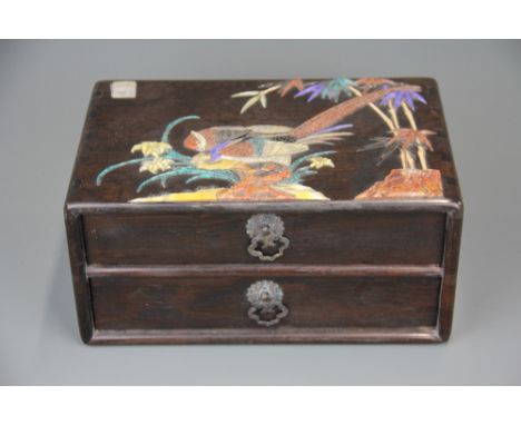A superb Chinese semi precious stone and mother of pearl inlaid rosewood box, H. 25cm, L. 12cm, W. 15cm.