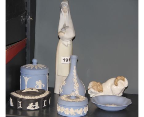 A small group of Wedgwood pate sur pate items with a Nao figurine and a Nao dog.